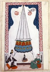 Sisäkuva asunnosta Turkissa ottomaanien valtakunnan alla. Miniatyyri ""Turkkilaisista muistomerkeistä"" (codex Cicogna 1971 "Memorie Turchesche") Akvarelli 1600-luvun venetsialaisesta koulukunnasta.