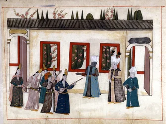 Sulttaani vierailee suosikin luona eunukkien äidin ja päällikön kanssa. Miniatyyri ""Turkkilaisista muistomerkeistä"" (codex Cicogna 1971 "Memorie Turchesche") Akvarelli 1600-luvun venetsialaisesta koulukunnasta.