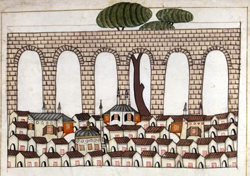 Näkymä Konstantinopoliin ja sen akveduktiin. Miniatyyri ""Turkkilaisista muistomerkeistä"" (codex Cicogna 1971 "Memorie Turchesche") Akvarelli 1600-luvun venetsialaisesta koulukunnasta.