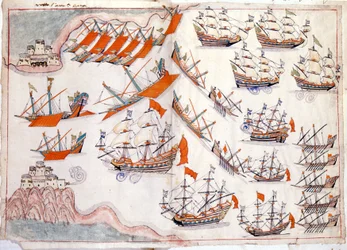 Venetsian ja Ottomaanien valtakunnan välinen sota: Dardanellien taistelu, jossa venetsialainen kapteeni Lorenzo Marcello voitti vuonna 1655 (akvarelli)