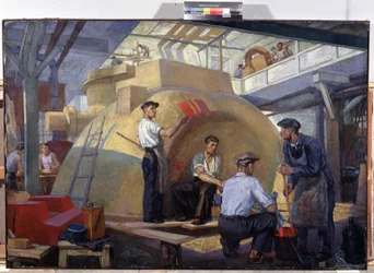 Esimerkillinen rakenne (Model Construction). Veniamin Pavlovich Belkinin (1884-1951) maalaus, öljy kankaalle, noin 1930. Venäläistä taidetta, 1900-luku. Neuvostoliiton propaganda. Alueellinen M. Vrubelin taidemuseo, Omsk (Venäjä)