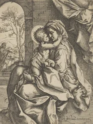 Neitsyt istuu Kristuslapsi sylissään syleilemässä häntä, Joosef näki..., n. 1600-1613.