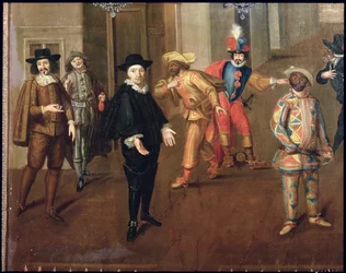 Italialaiset ja ranskalaiset koomikot leikkivät farsseissa, 1670 (yksityiskohta) (katso myös 155316)
