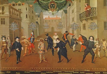 Italialaiset ja ranskalaiset koomikot soittamassa farsseissa, 1670