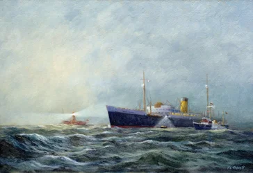 Pathfinder (kaksipaikkainen moottorivene), joka jättää lentokoneen majakkaveneen (majakkavene) eteen Harwichin edustalla (Englanti). Vic Trevettin () öljy kankaalle.