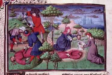 Murhakohtaus, jossa murhaajat katkaisevat kahden miehen päät. Sivu italialaisen kirjailijan Giovanni Boccaccion eli Jean Boccacen (1313-1375) 