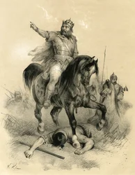 Attila (n. 395-453), hunnien ainoa johtaja vuonna 445, hävitti idän ja lännen valtakuntia - Barbaarien hyökkäykset - Victor Adamin (1801-1866) kaiverrus Ardantin veljesten puolivälissä julkaisemassa kirjassa ”Ranska keskiajalla”
