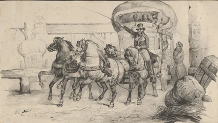 Viisi hevosta vetämässä vaunuja matkustajien kanssa, 1800-luvun puoliväli.