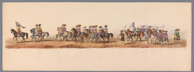 Historiallinen kulkue Utrechtin ammattikorkeakoulun toisen satavuotisjuhlan kunniaksi, 1836 (taulu 5) Hollannin armeijoiden lähestyminen Oostendeen, 3. heinäkuuta 1600, Nieuwpoortin voiton jälkeisenä päivänä; H H Studentin pukeutuneen esityksen mukaan