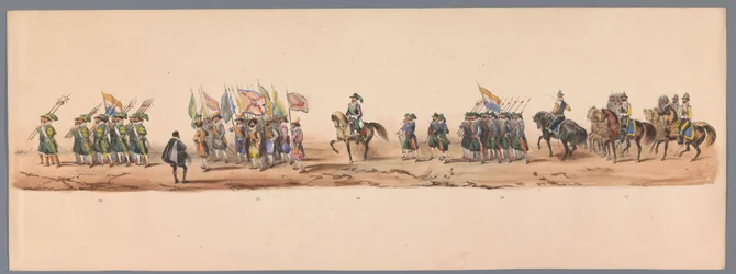 Historiallinen kulkue Utrechtin ammattikorkeakoulun toisen satavuotisjuhlan kunniaksi, 1836 (taulu 9) Hollannin armeijoiden lähestyminen Oostendeen, 3. heinäkuuta 1600, Nieuwpoortin voiton jälkeisenä päivänä; H H Studentin pukeutuneen esityksen mukaan