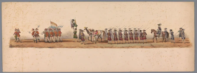 Historiallinen kulkue Utrechtin ammattikorkeakoulun toisen satavuotisjuhlan kunniaksi, 1836 (taulu 3) Hollannin armeijoiden lähestyminen Oostendeen, 3. heinäkuuta 1600, Nieuwpoortin voiton jälkeisenä päivänä; H H Studentin pukeutuneen esityksen mukaan