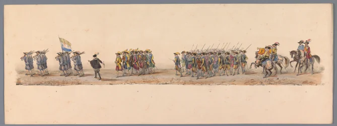 Historiallinen kulkue Utrechtin ammattikorkeakoulun toisen satavuotisjuhlan kunniaksi, 1836 (taulu 4) Hollannin armeijoiden lähestyminen Oostendeen, 3. heinäkuuta 1600, Nieuwpoortin voiton jälkeisenä päivänä; H H Studentin pukeutuneen esityksen mukaan
