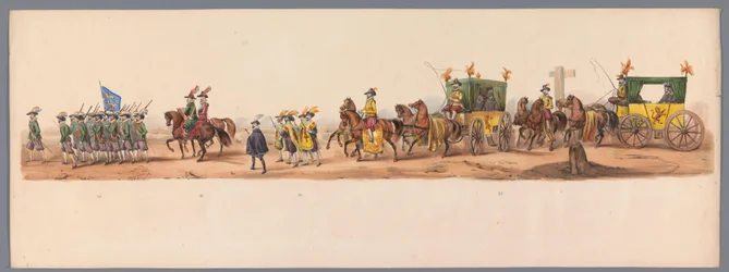 Historiallinen kulkue Utrechtin ammattikorkeakoulun toisella satavuotisjuhlassa, 1836 (taulu 6) Hollannin armeijoiden lähestyminen Oostendeen, 3. heinäkuuta 1600, Nieuwpoortin voiton jälkeisenä päivänä; H H Studentin pukeutuneen esityksen mukaan