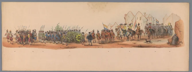 Historiallinen kulkue Utrechtin ammattikorkeakoulun toisen satavuotisjuhlan kunniaksi, 1836 (taulu 10) Hollannin armeijoiden lähestyminen Oostendeen, 3. heinäkuuta 1600, Nieuwpoortin voiton jälkeisenä päivänä; H H Studenin pukeutuneen esityksen mukaan