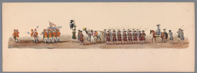 Historiallinen kulkue Utrechtin ammattikorkeakoulun toisen satavuotisjuhlan kunniaksi, 1836 (taulu 3) Hollannin armeijoiden lähestyminen Oostendeen, 3. heinäkuuta 1600, Nieuwpoortin voiton jälkeisenä päivänä; H H Studentin pukeutuneen esityksen mukaan