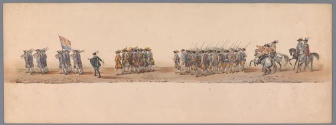 Historiallinen kulkue Utrechtin ammattikorkeakoulun toisen satavuotisjuhlan kunniaksi, 1836 (taulu 4) Hollannin armeijoiden lähestyminen Oostendeen, 3. heinäkuuta 1600, Nieuwpoortin voiton jälkeisenä päivänä; H H Studentin pukeutuneen esityksen mukaan
