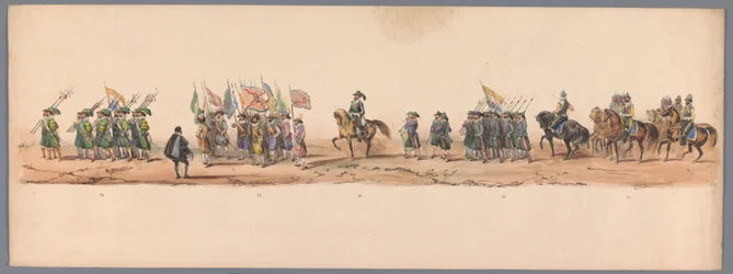 Historiallinen kulkue Utrechtin ammattikorkeakoulun toisen satavuotisjuhlan kunniaksi, 1836 (taulu 9) Hollannin armeijoiden lähestyminen Oostendeen, 3. heinäkuuta 1600, Nieuwpoortin voiton jälkeisenä päivänä; H H Studentin pukeutuneen esityksen mukaan