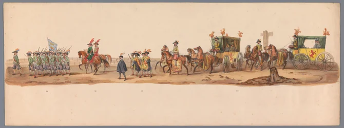 Historiallinen kulkue Utrechtin ammattikorkeakoulun toisella satavuotisjuhlassa, 1836 (taulu 6) Hollannin armeijoiden lähestyminen Oostendeen, 3. heinäkuuta 1600, Nieuwpoortin voiton jälkeisenä päivänä; H H Studentin pukeutuneen esityksen mukaan