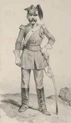 Seisova sotilas käsi miekkansa ruorissa, 1800-luvun puoliväli.