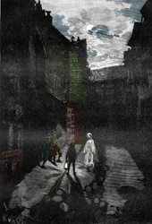 Paranormaali ilmiö: "" Aaveen ilmestyminen kummituslinnan pihalle"" (Aave ilmestyy kummituslinnaan) Kaiverrus "" Les mysteres de la science" -kirjoituksesta, Louis Figuier, yksityinen kokoelma