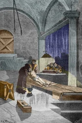 Noituudesta syytetty pappi Pierre Aupetit joutui kidutukseen ennen elävältä polttamista, 25.5.1588 (kaiverrus)