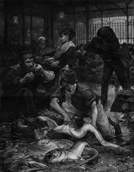 Kalahallin nurkka aamulla (1880). Kaiverrus Victor Gabriel Gilbertin (1847-1933) maalauksen jälkeen. "" The Illustrous World" -julkaisussa nro 1244 29. tammikuuta