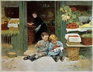 Kiertele häntä. Lapsi syö paahtoleipää äitinsä elintarvikkeiden edessä. Pienellä tytöllä on nukke polvissaan. Victor Gilbertin (1847-1935) maalaus. Pariisi, koristetaide