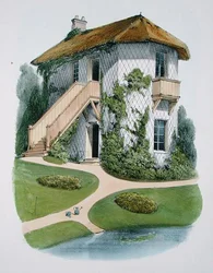 Puutarhurin mökki, Habitations Champetresistä, julkaistu n. 1885 (chromolitho)