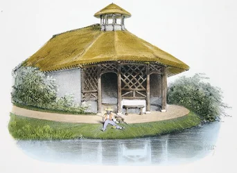 Maalaismainen paviljonki, kuvitus "Habitations Champetres" -julkaisusta, julkaistu Pariisissa, n. 1895 (chromolitho)