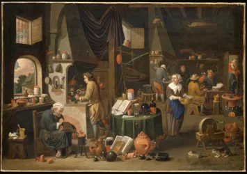 Interieur mit Alchemist. und Assistenten / Gem. v. V. Mahu