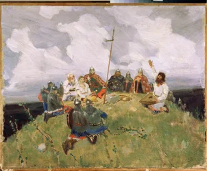 Boyan jouant du gousli (gusli, housli, husli) 1000-luvulla (Boyan soitti gusliä) - Viktor Mikhaylovich Vasnetsovin (1848-1926) teos, öljy pahville