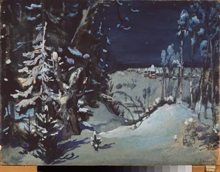 Valmisteleva sisustus Alexandre Ostrovskin (1823-1886) teatterinäytelmään "La demoiselle des neiges" (lavasuunnittelu Ostrovskin teatterinäytelmään Snow Maiden) La foret enneigee - Viktor Mikhaylovich Vasnetsovin (1848-1926) teos, öljyä n