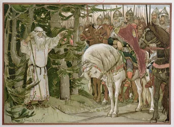 Ruhtinas Oleg (kuoli noin 912) kohtaa ennustajan, joka ennustaa hänen hevosensa aiheuttavan hänen kuolemansa, kuvitus teoksesta "Laulu viisaasta Olegista". 1899