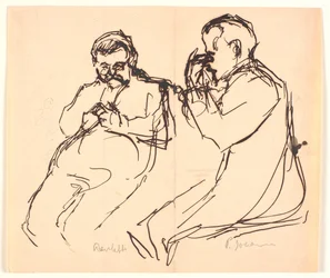 Kuvion luonnos. Kaksi istuvaa miestä: Aarsleff ja P. Johansen