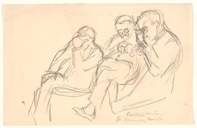 Kuvion luonnos. Kolme istuvaa miestä: Fr. Henningsen, Aarsleff ja P. Johansen