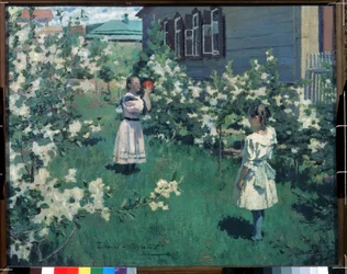 ""Fleurs de mai"" (toukokuun kukat) Pienet tytöt leikkivät palloa kukkapuutarhassa keväällä. Viktor Elpidiforovich Borisov-Musatov (1870-1905) maalaus 1894 Valtion Tretjakovin galleria, Moskova
