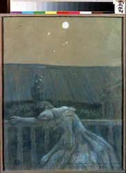 ""Suru"" (Suru) Epätoivoinen nuori tyttö nojaa kaiteeseen. Akvarelli ja pastelli Viktor (Victor) Elpidiforovich Borisov-Musatov (Borisov Musatov) (1870-1905) (symbolismi) 1903 Valtion historian ja taiteen museo Serpukhov (Serpukhov).