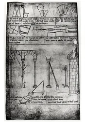 Ms.Fr.19093 fol.20v Geometriset hahmot rakenteelle, kaarille ja miehelle, joka mittaa tornin korkeutta (faksikopio)