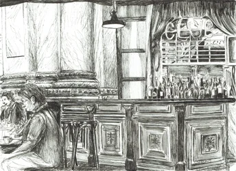 Kahvila Royal Exchangessa, Manchester, 2011, (mustetta paperille)
