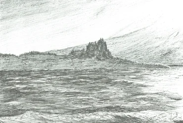 Duart Castle lautalta; 2007; (muste paperilla)