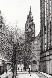Manchesterin kaupungintalo Deansgatesta, 2007, (muste paperille)