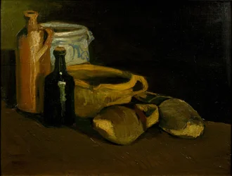 Asetelma puukenkien ja ruukkujen kanssa, 1884.