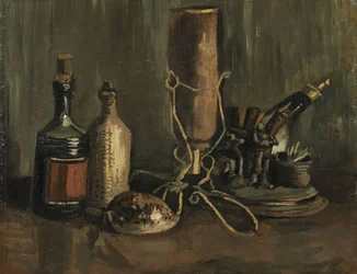 Asetelma pullojen ja kuoren kanssa, 1884.