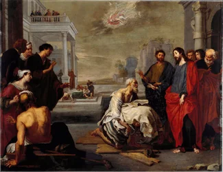 Jeesus parantaa ihmeellisesti halvaantuneen Kapernaumissa. Genova, Galleria Nazionale di Palazzo Spinola, Italia