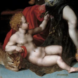 Jupiter satyrissa Antiopen ja hänen Detail-kaksosensa kanssa, jotka edustavat yhtä kaksosista kissan kanssa. Vincent Sellaerin (noin 1500-1589) maalaus 1500-luvulta.