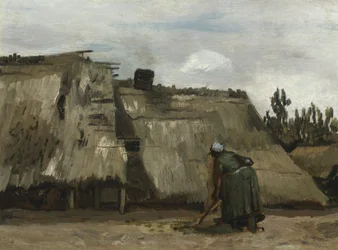 Talonpoikanainen kaivamassa mökkinsä edessä, n. 1885