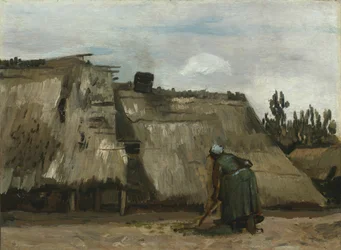 Talonpoikanainen kaivamassa mökkinsä edessä, n. 1885.