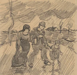 Pariskunta lapsen kanssa kadulla sateessa. 1890