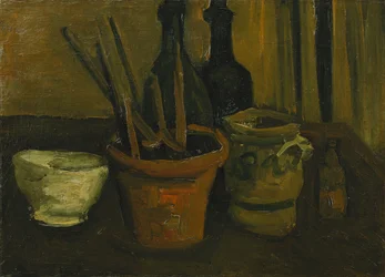 Asetelma siveltimien kanssa kukkaruukussa; Asetelma harjoilla kukkaruukussa, 1884