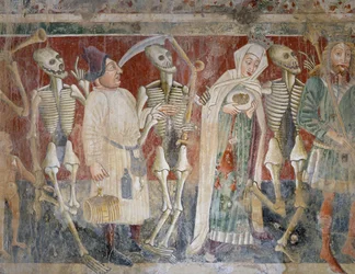 Lähellä Pazinia, kuningatar ja kauppias kuoleman säestäjänä, kuoleman tanssi (1474), yksityiskohta, fresko St Mary of Rockin kirkon hautausmaakirkossa, Vincenzo da Castua, Beram, Istria, Kroatia